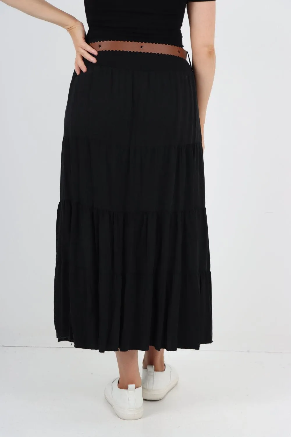 Midi Length Waist Belted Tiered Skirt