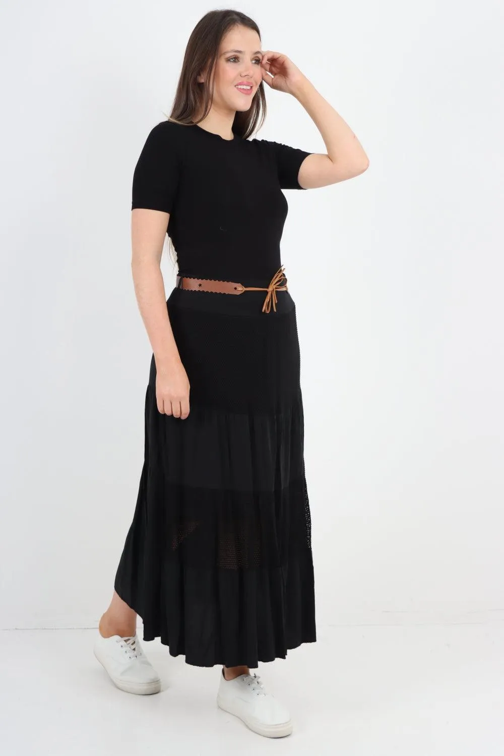 Midi Length Waist Belted Tiered Skirt
