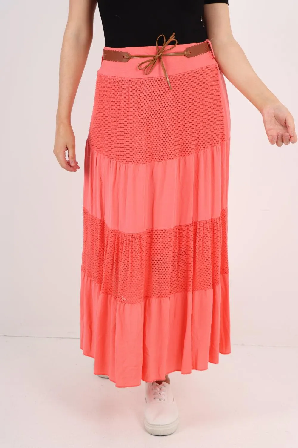 Midi Length Waist Belted Tiered Skirt