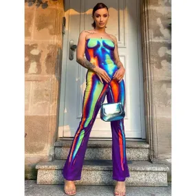 Multi-color printed slim fit butt lift jumpsuit