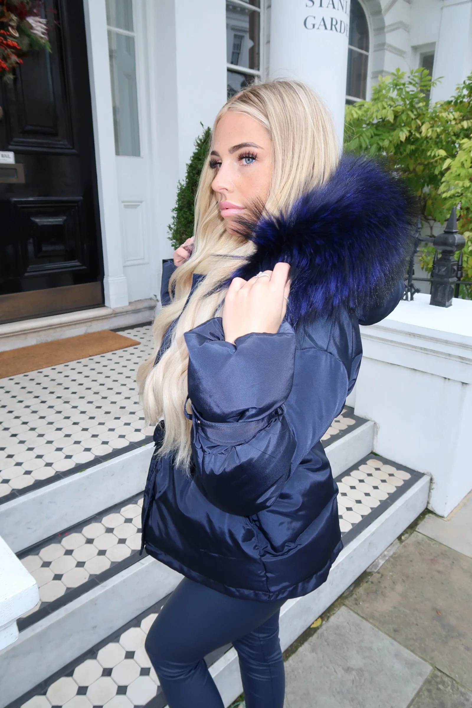Navy/Navy Drawstring Luxury Fur Padded Belted Coat