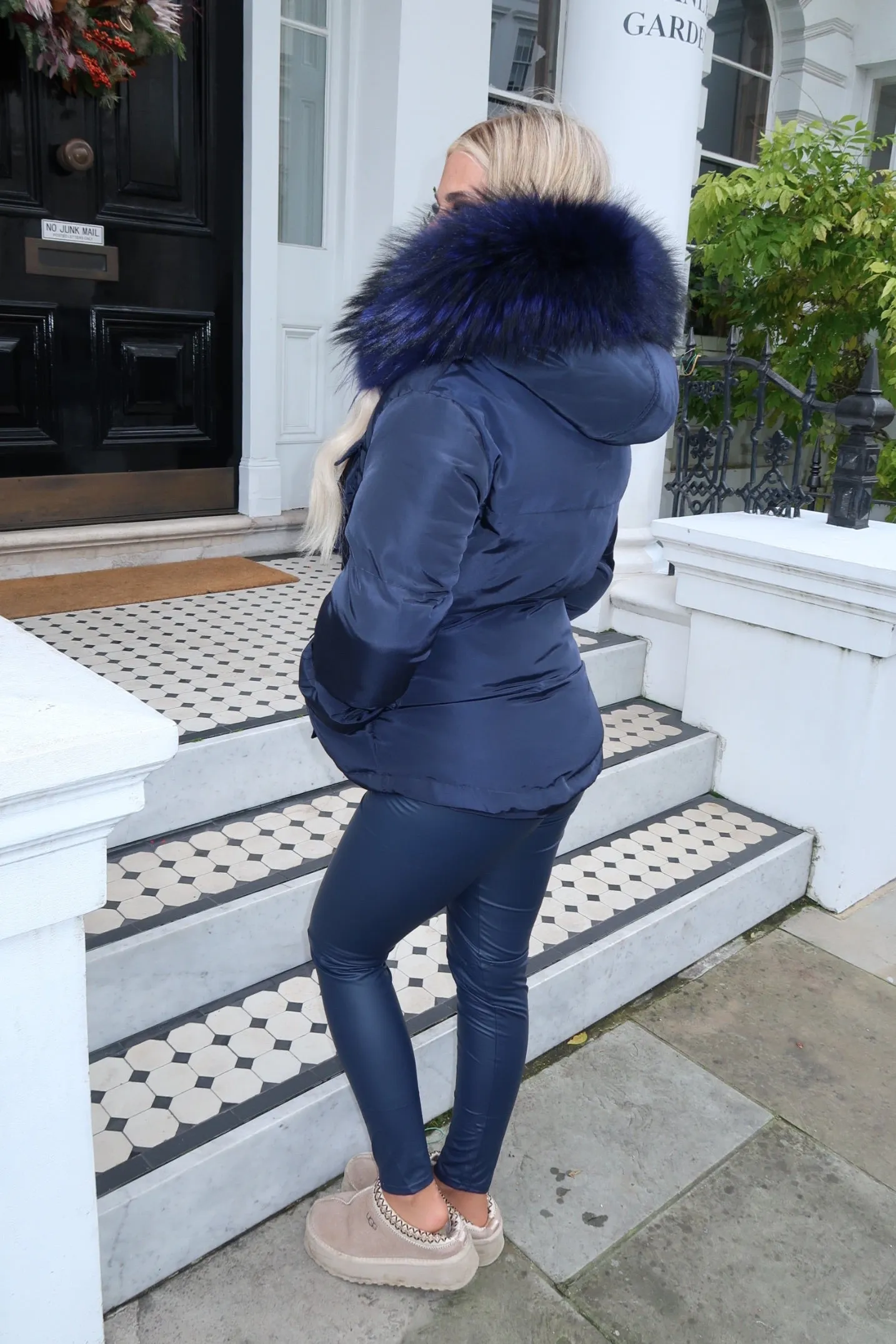 Navy/Navy Drawstring Luxury Fur Padded Belted Coat