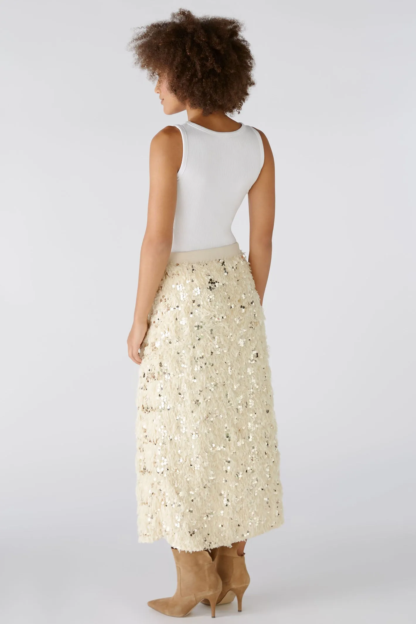 Oui 88977 Off White Camel Sequin Feather Midi Skirt