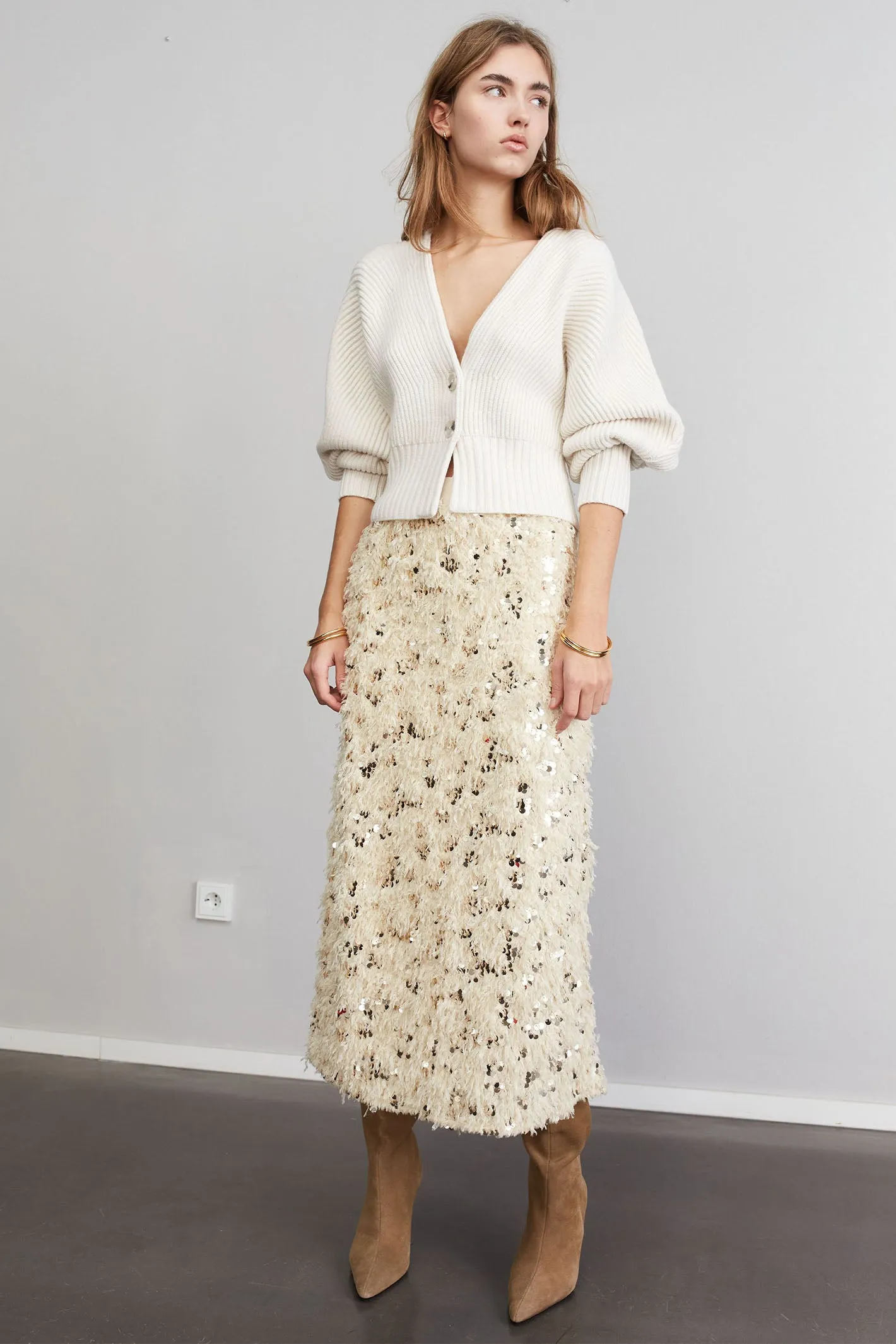 Oui 88977 Off White Camel Sequin Feather Midi Skirt