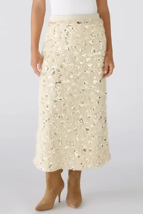 Oui 88977 Off White Camel Sequin Feather Midi Skirt