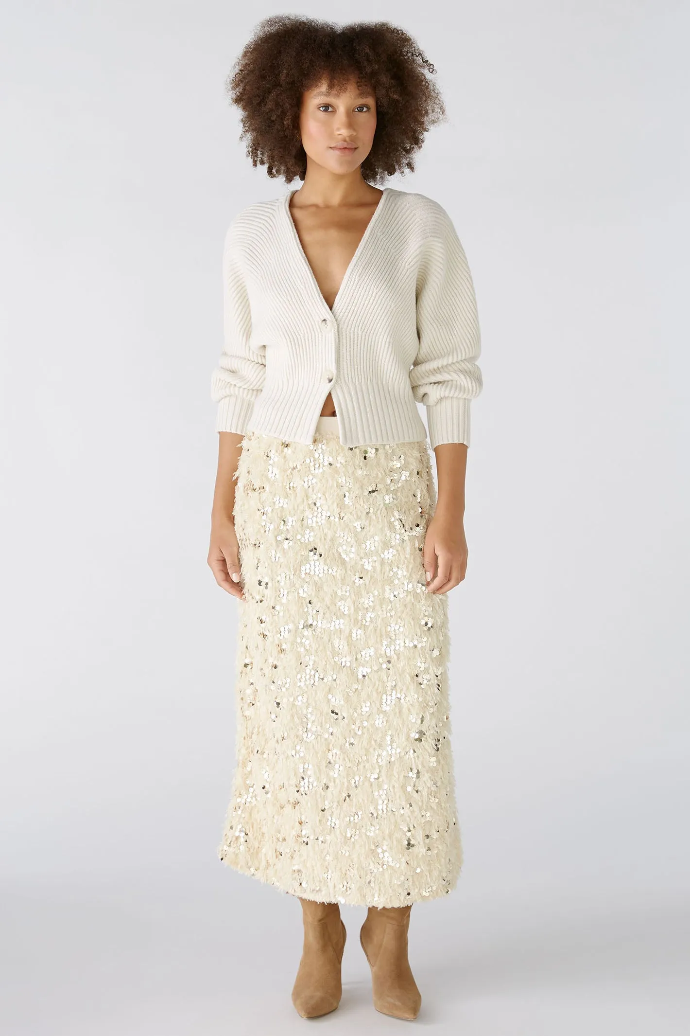 Oui 88977 Off White Camel Sequin Feather Midi Skirt