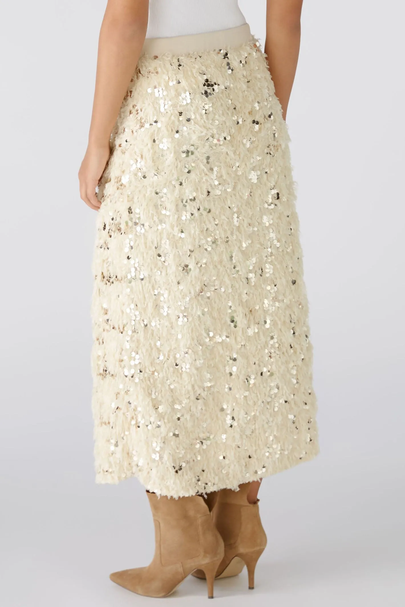 Oui 88977 Off White Camel Sequin Feather Midi Skirt