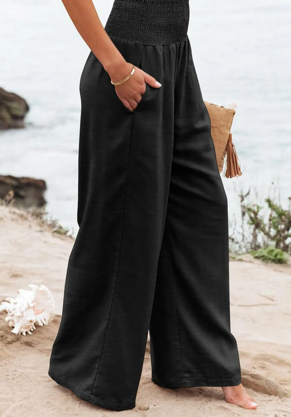 Plus Size Smocked High Waist Wide Leg Pants