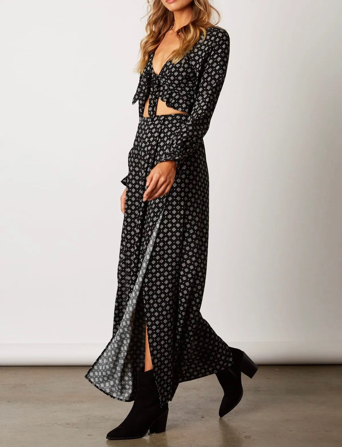Print High Waist Pleat Front Side Slit Pant