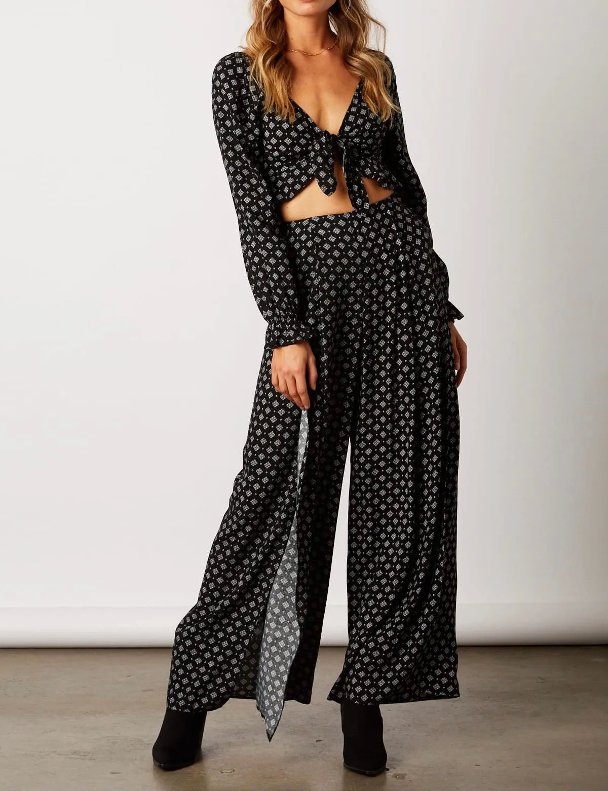 Print High Waist Pleat Front Side Slit Pant
