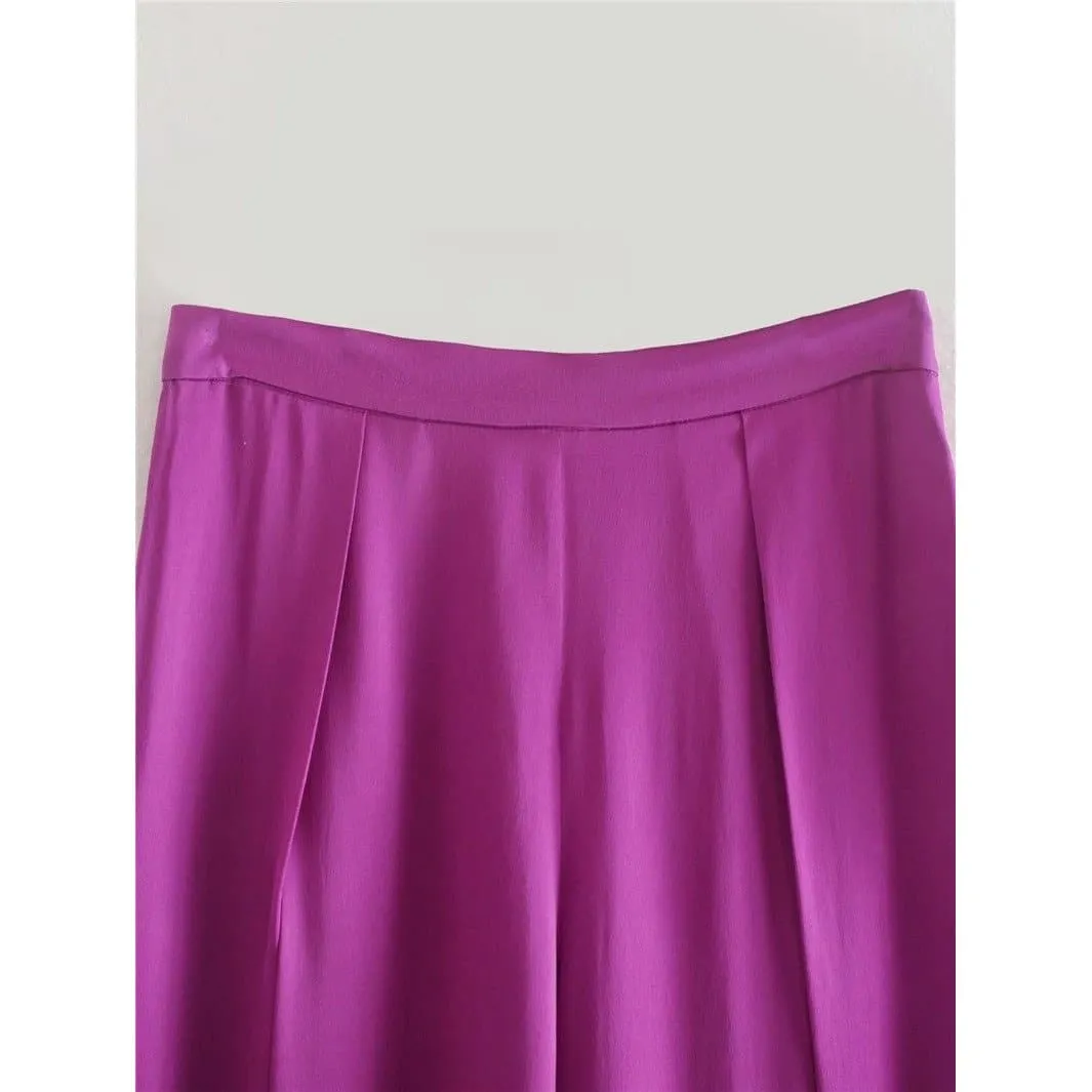 PURPLE SATIN HIGH WAIST LOOSE WIDE PANTS