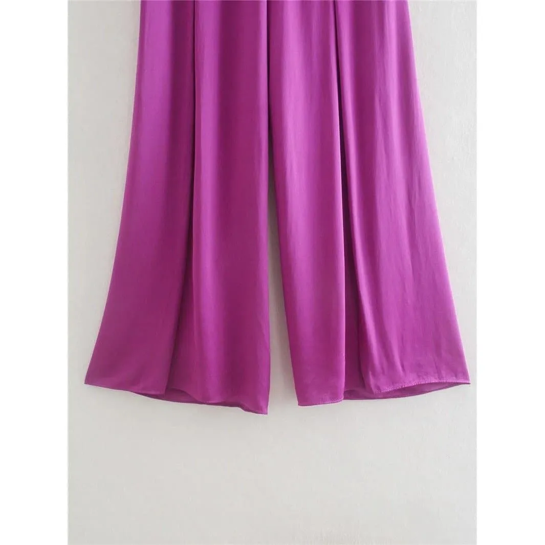 PURPLE SATIN HIGH WAIST LOOSE WIDE PANTS