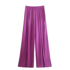 PURPLE SATIN HIGH WAIST LOOSE WIDE PANTS