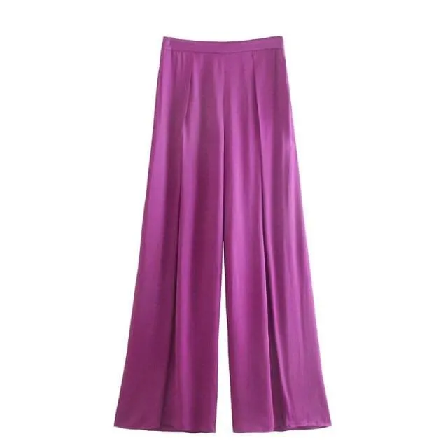 PURPLE SATIN HIGH WAIST LOOSE WIDE PANTS