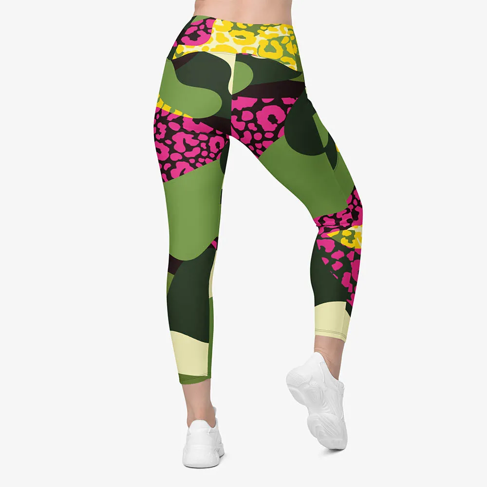 Recycled Animal Printed Leggings "Camocheetah" Green/Yellow/Pink with pockets