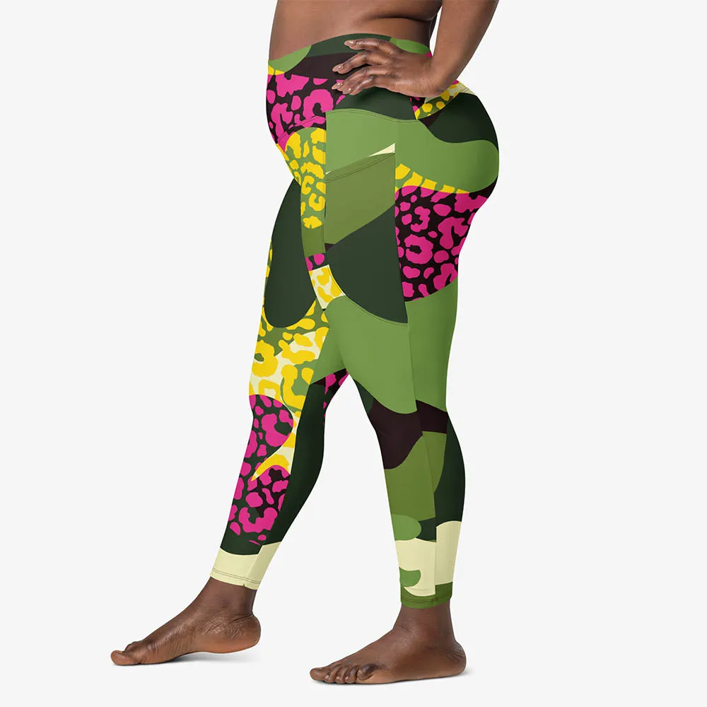 Recycled Animal Printed Leggings "Camocheetah" Green/Yellow/Pink with pockets