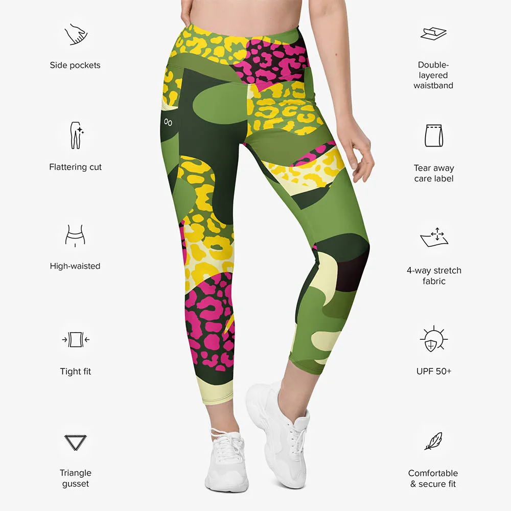 Recycled Animal Printed Leggings "Camocheetah" Green/Yellow/Pink with pockets