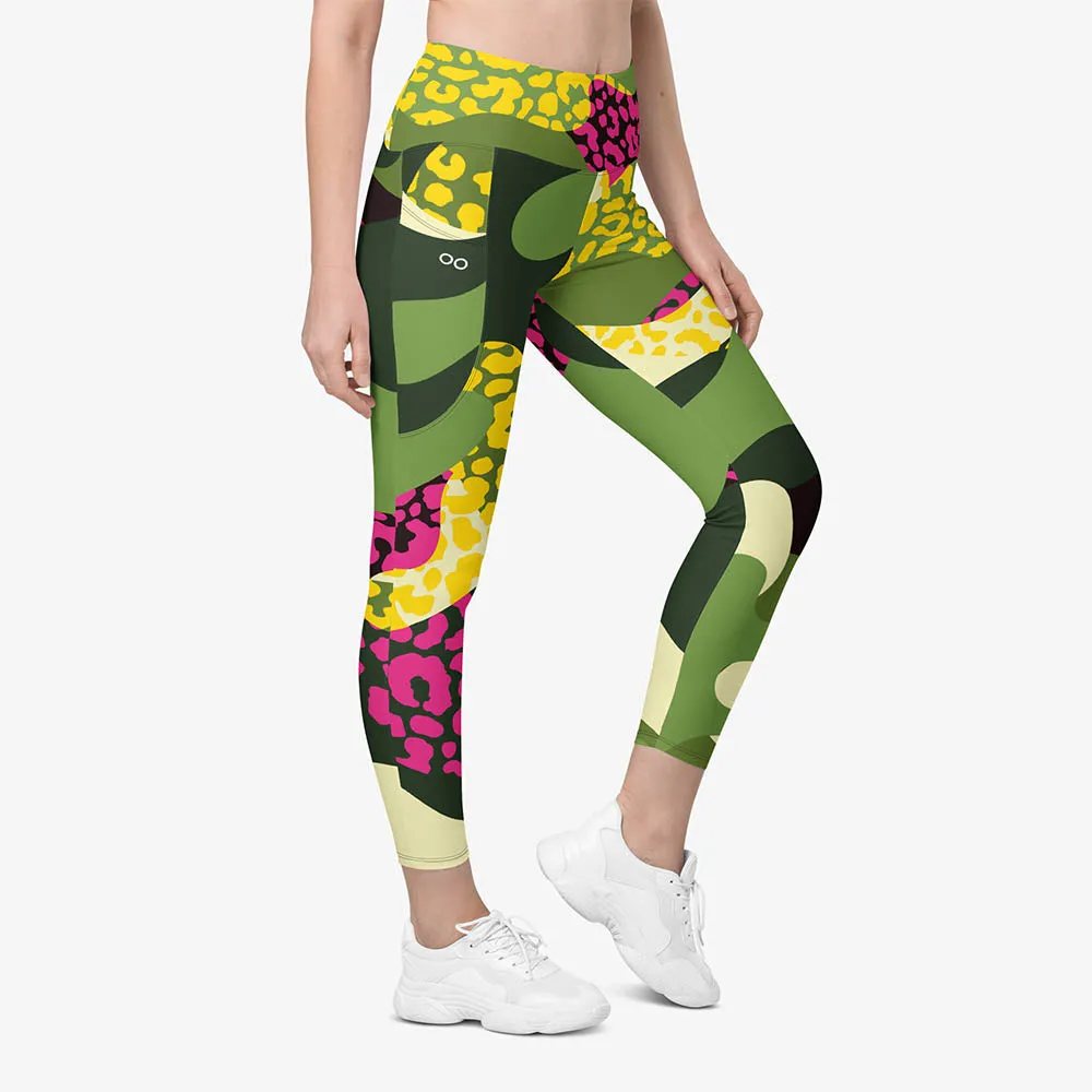 Recycled Animal Printed Leggings "Camocheetah" Green/Yellow/Pink with pockets