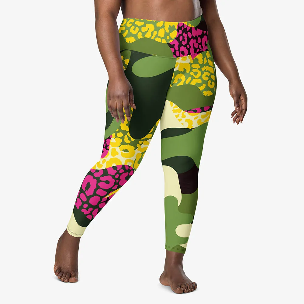 Recycled Animal Printed Leggings "Camocheetah" Green/Yellow/Pink with pockets