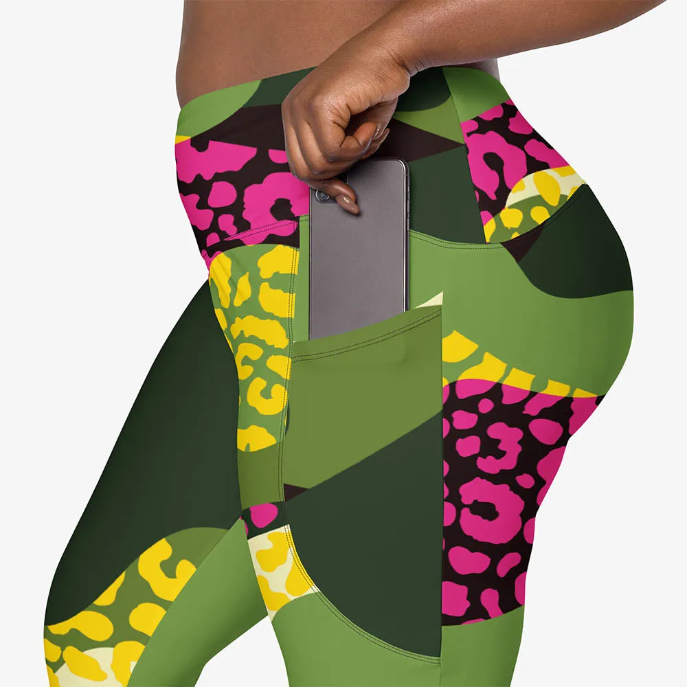Recycled Animal Printed Leggings "Camocheetah" Green/Yellow/Pink with pockets