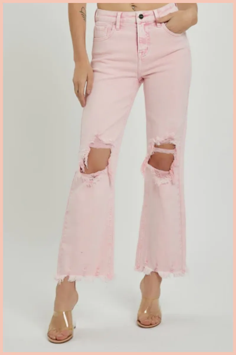 RISEN High Rise Kneww Distressed Straight Denim