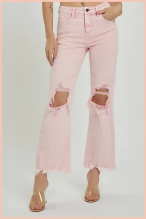 RISEN High Rise Kneww Distressed Straight Denim