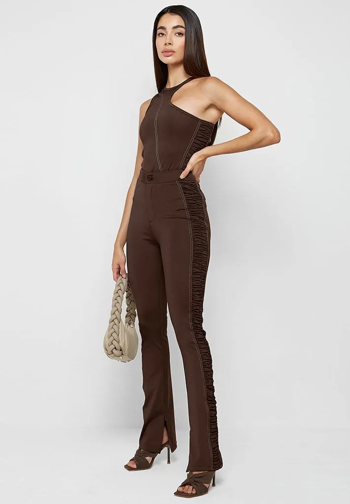 Ruched Side Flared Leggings - Chocolate Brown