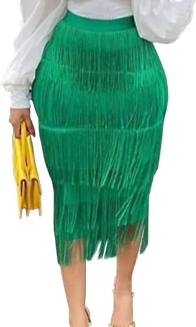Sexy Green Fringe Midi Skirt