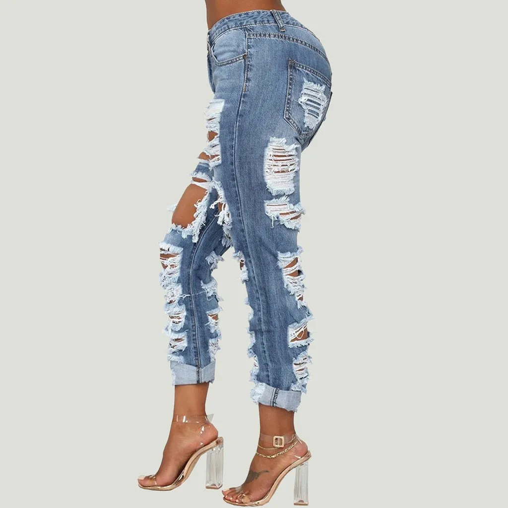 Sexy Hole Boyfriend Jeans Women High Waist Elastic Ripped Mom Jeans Streetwear Slim Denim Pencil Pants Ladies Skinny Trouser