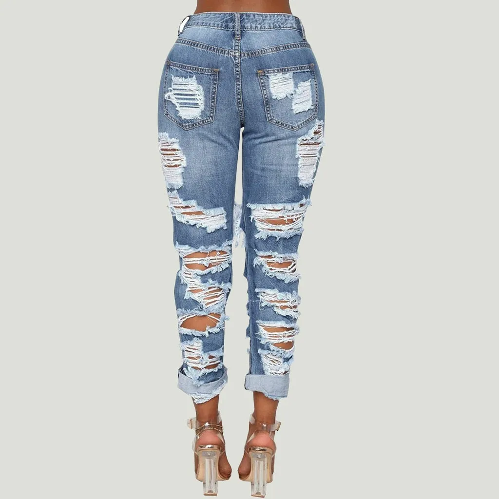 Sexy Hole Boyfriend Jeans Women High Waist Elastic Ripped Mom Jeans Streetwear Slim Denim Pencil Pants Ladies Skinny Trouser