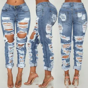 Sexy Hole Boyfriend Jeans Women High Waist Elastic Ripped Mom Jeans Streetwear Slim Denim Pencil Pants Ladies Skinny Trouser