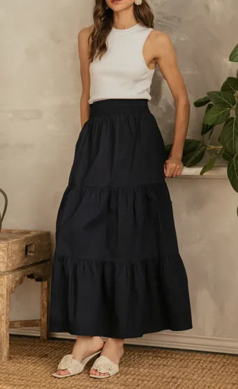 Skies Are Blue Poplin Smock Waist Midi Skirt
