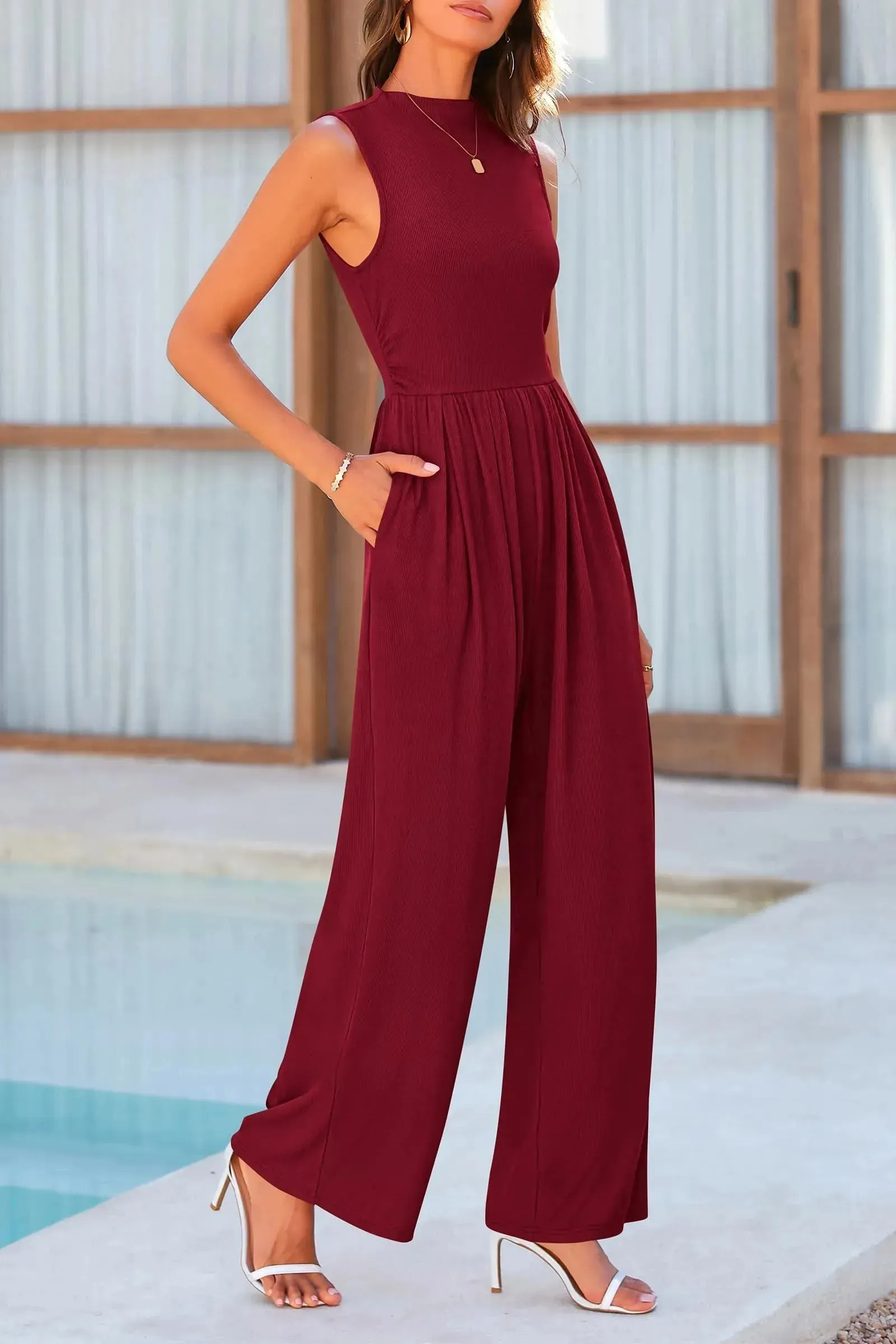 Sleeveless Mock Neck Wide Leg Jumpsuit