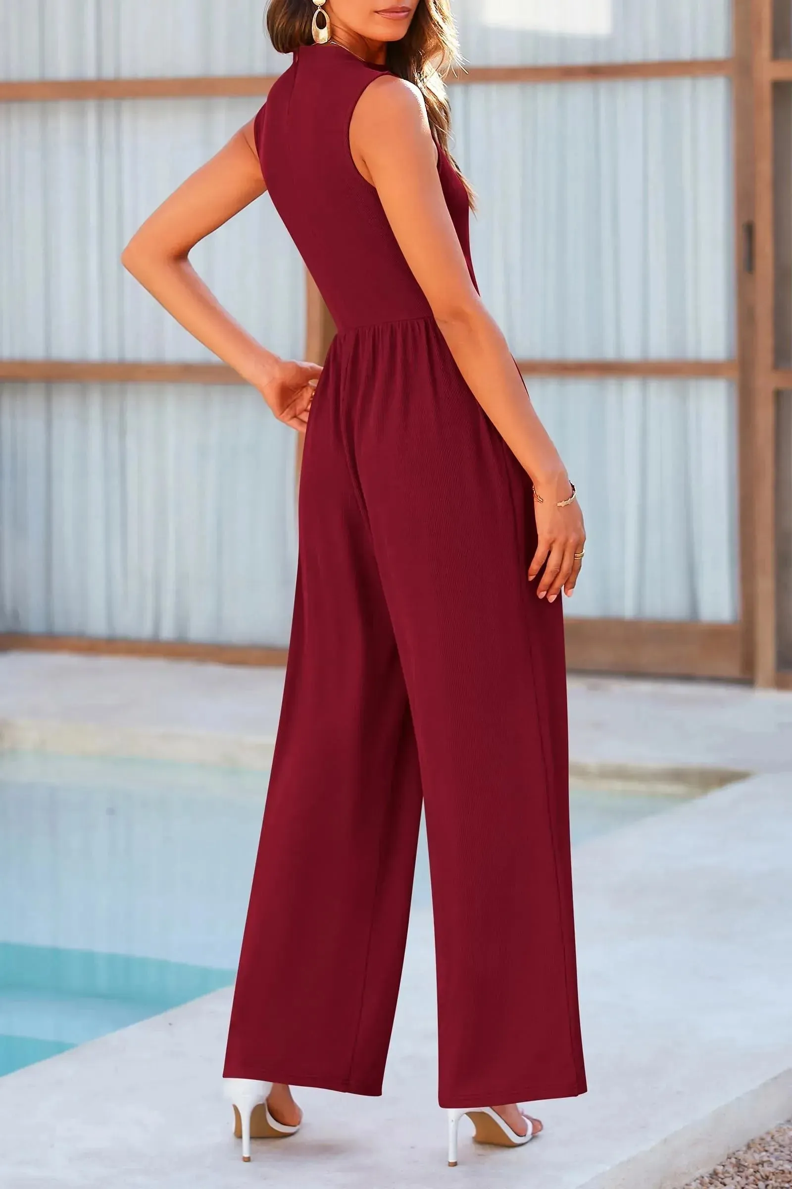 Sleeveless Mock Neck Wide Leg Jumpsuit
