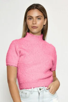 Soft & Fuzzy Short Sleeve Mock Turtleneck Sweater in Pink