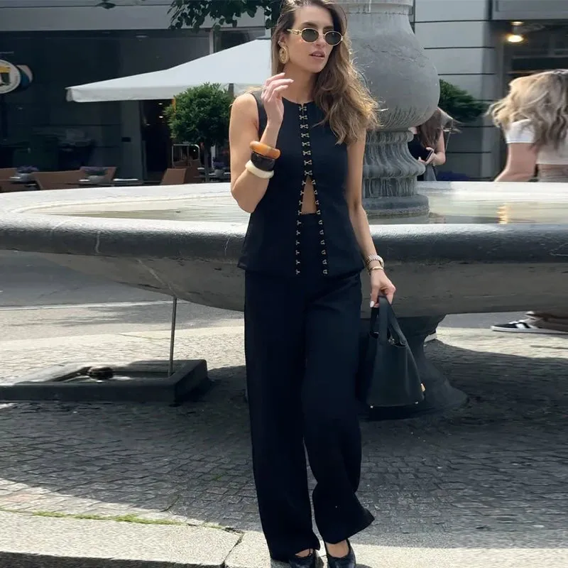 Solid Sleeveless Vest High Waist Straight Pant Suit