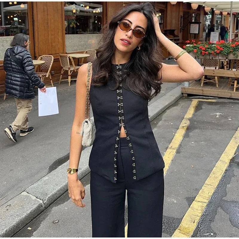 Solid Sleeveless Vest High Waist Straight Pant Suit