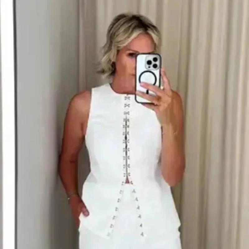 Solid Sleeveless Vest High Waist Straight Pant Suit