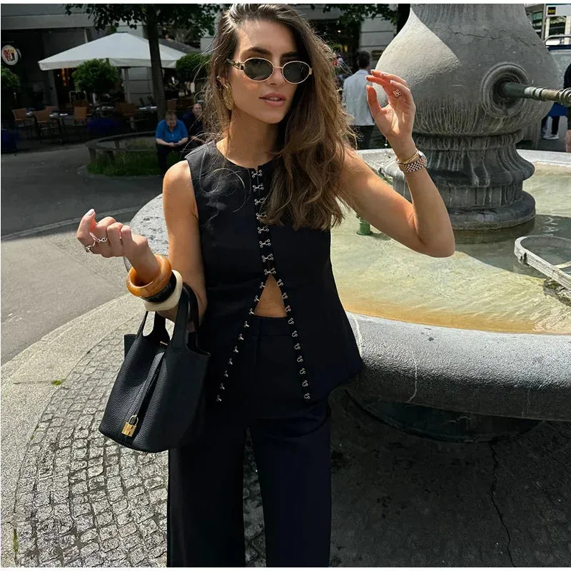 Solid Sleeveless Vest High Waist Straight Pant Suit
