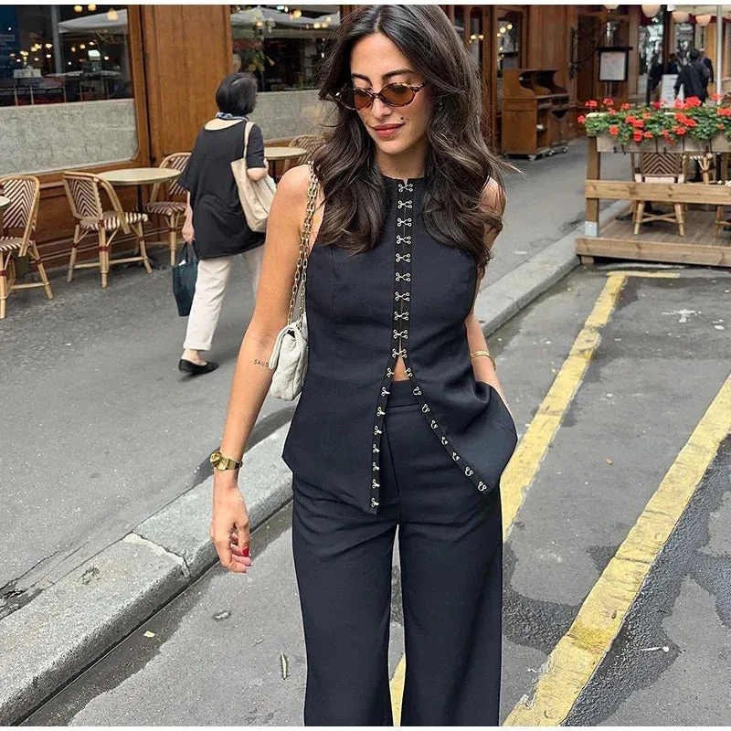 Solid Sleeveless Vest High Waist Straight Pant Suit