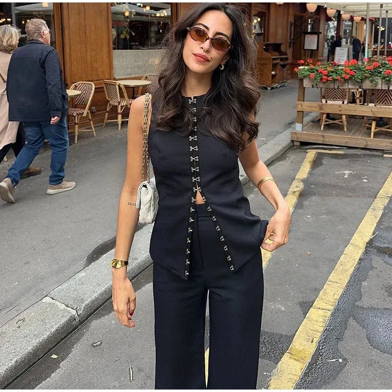 Solid Sleeveless Vest High Waist Straight Pant Suit