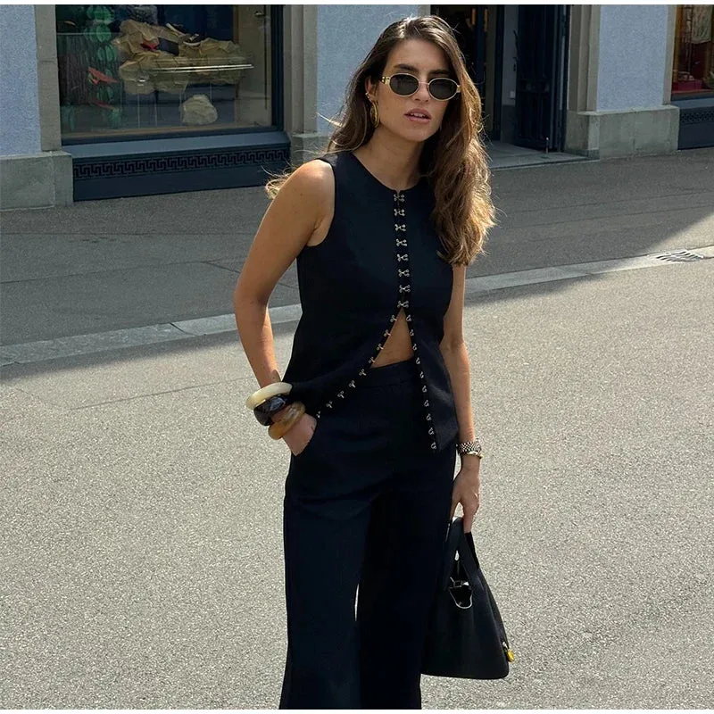 Solid Sleeveless Vest High Waist Straight Pant Suit