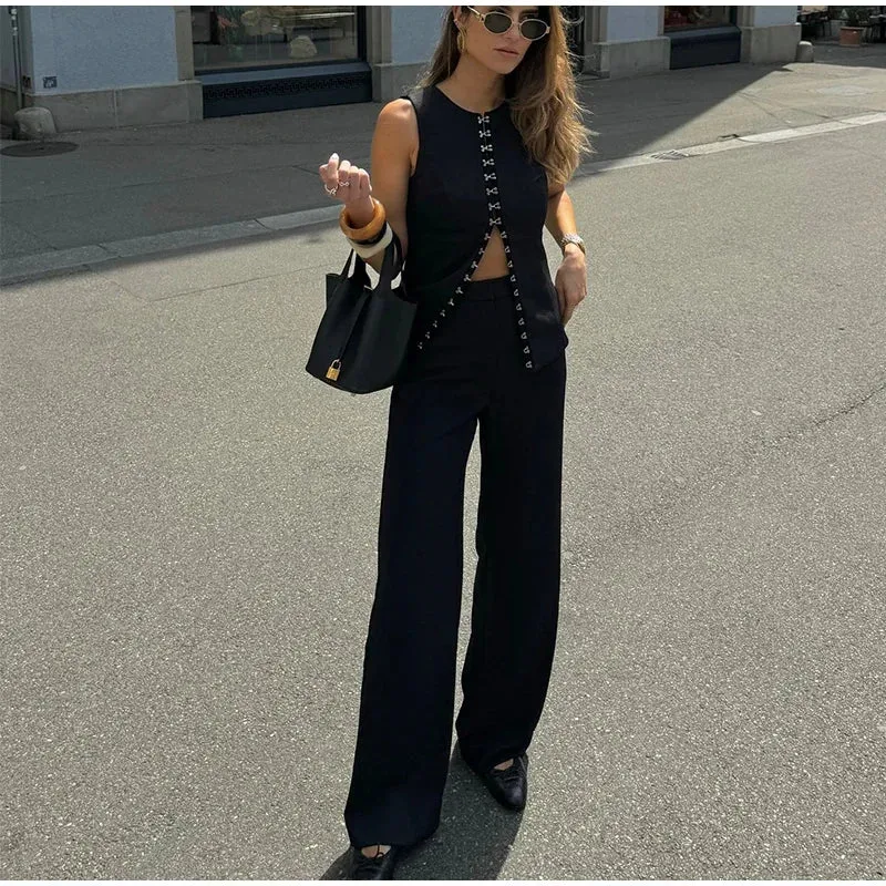 Solid Sleeveless Vest High Waist Straight Pant Suit