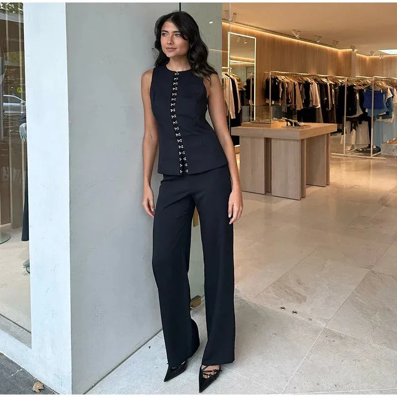 Solid Sleeveless Vest High Waist Straight Pant Suit