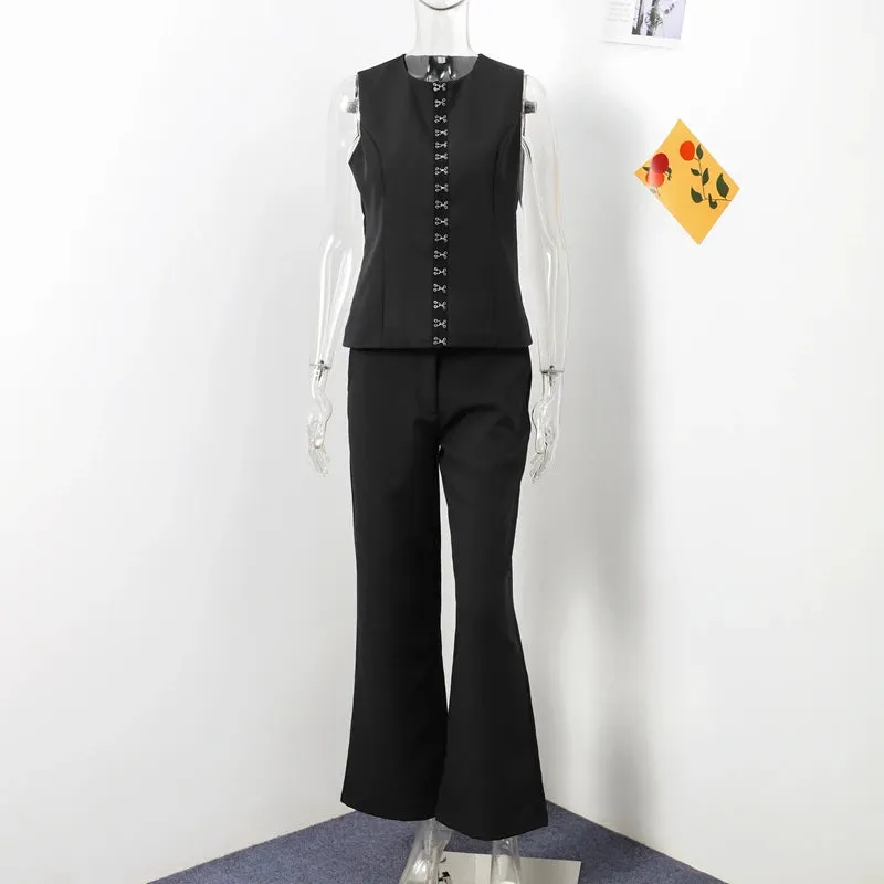 Solid Sleeveless Vest High Waist Straight Pant Suit