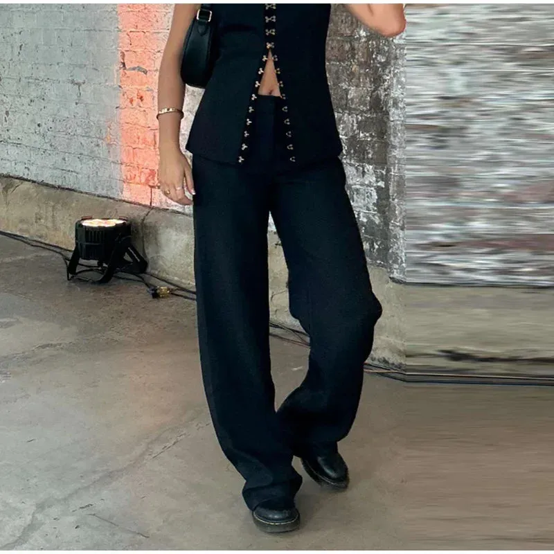 Solid Sleeveless Vest High Waist Straight Pant Suit