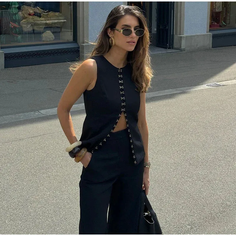Solid Sleeveless Vest High Waist Straight Pant Suit