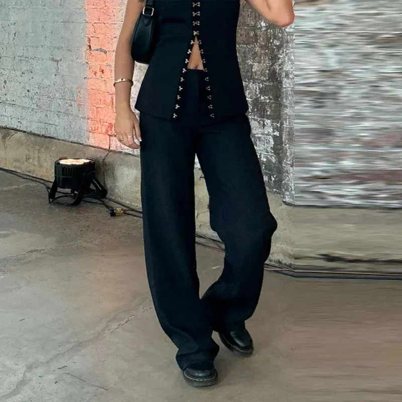 Solid Sleeveless Vest High Waist Straight Pant Suit
