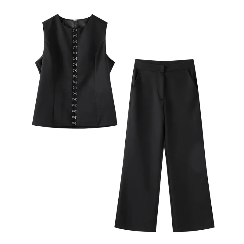 Solid Sleeveless Vest High Waist Straight Pant Suit