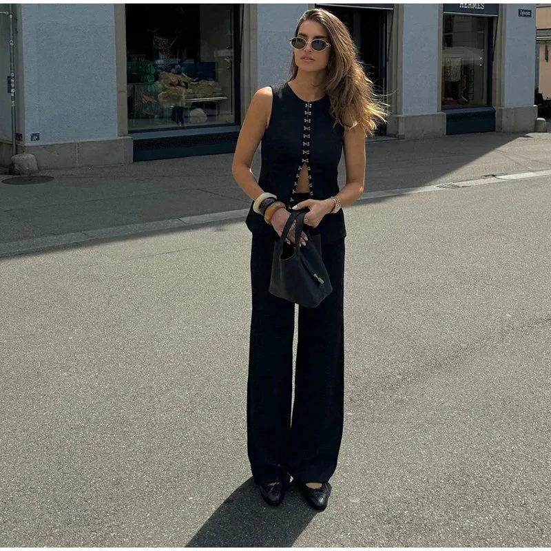 Solid Sleeveless Vest High Waist Straight Pant Suit